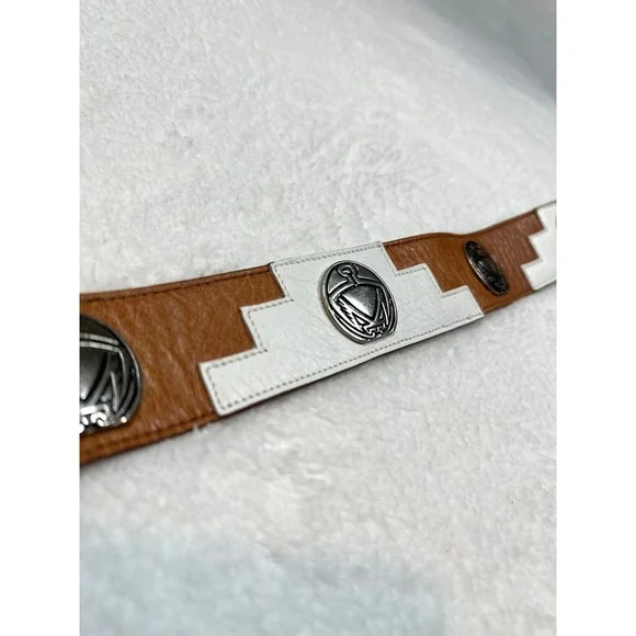 vtg Ginnie Johansen Womens leather belt 24S 50877 aztec metal buckle Thunderbird - Picture 7 of 9
